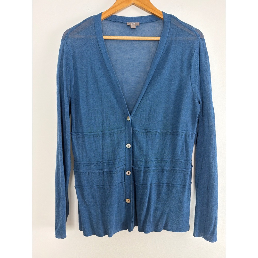 J. Jill Cardigan Sweater L Blue Linen Blend Sheer Tiered Seam V-Neck Coastal